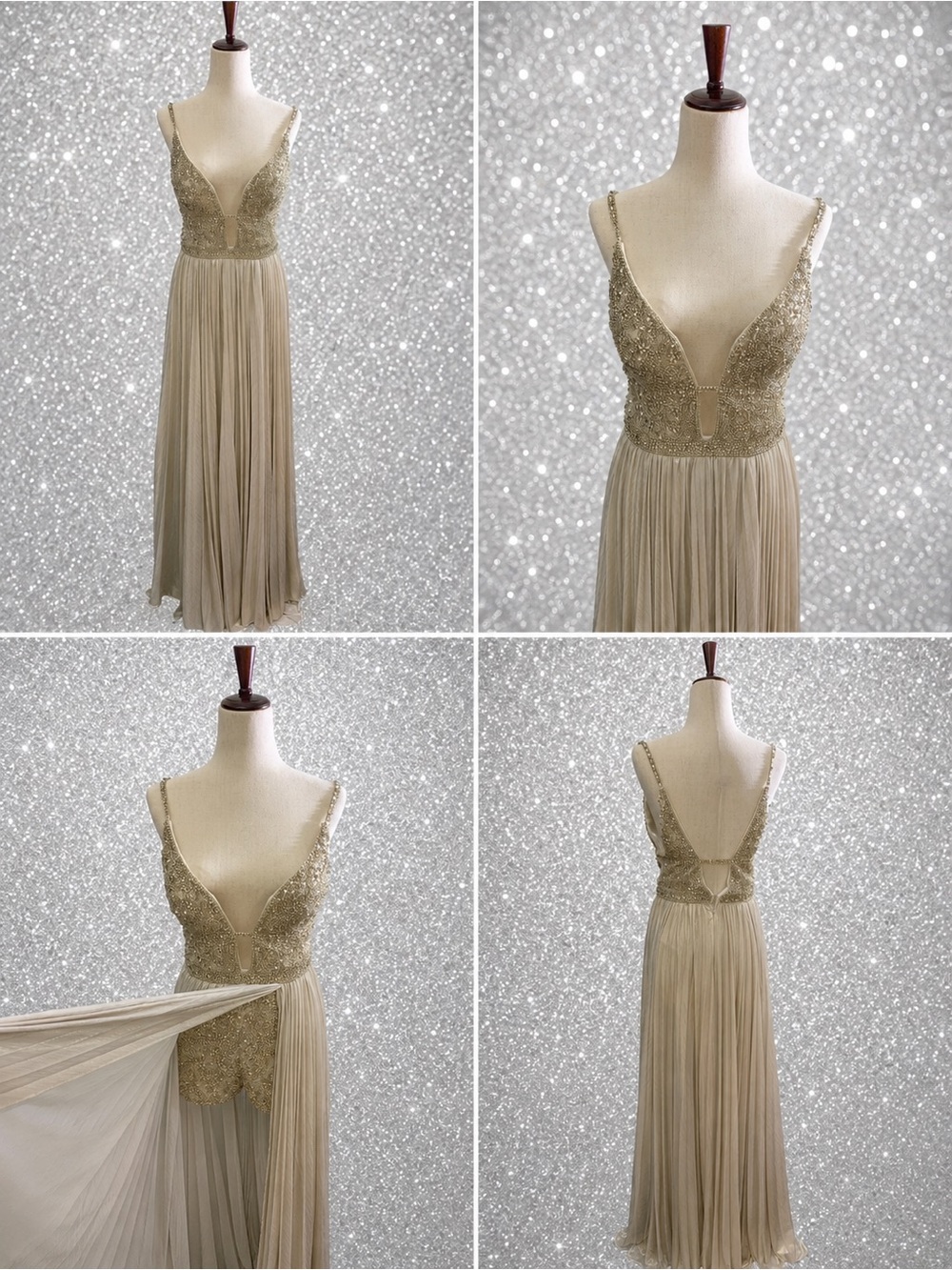 Alisha Hill 80112 Gold Beaded Plunging Long  Dress with Shorts NWT